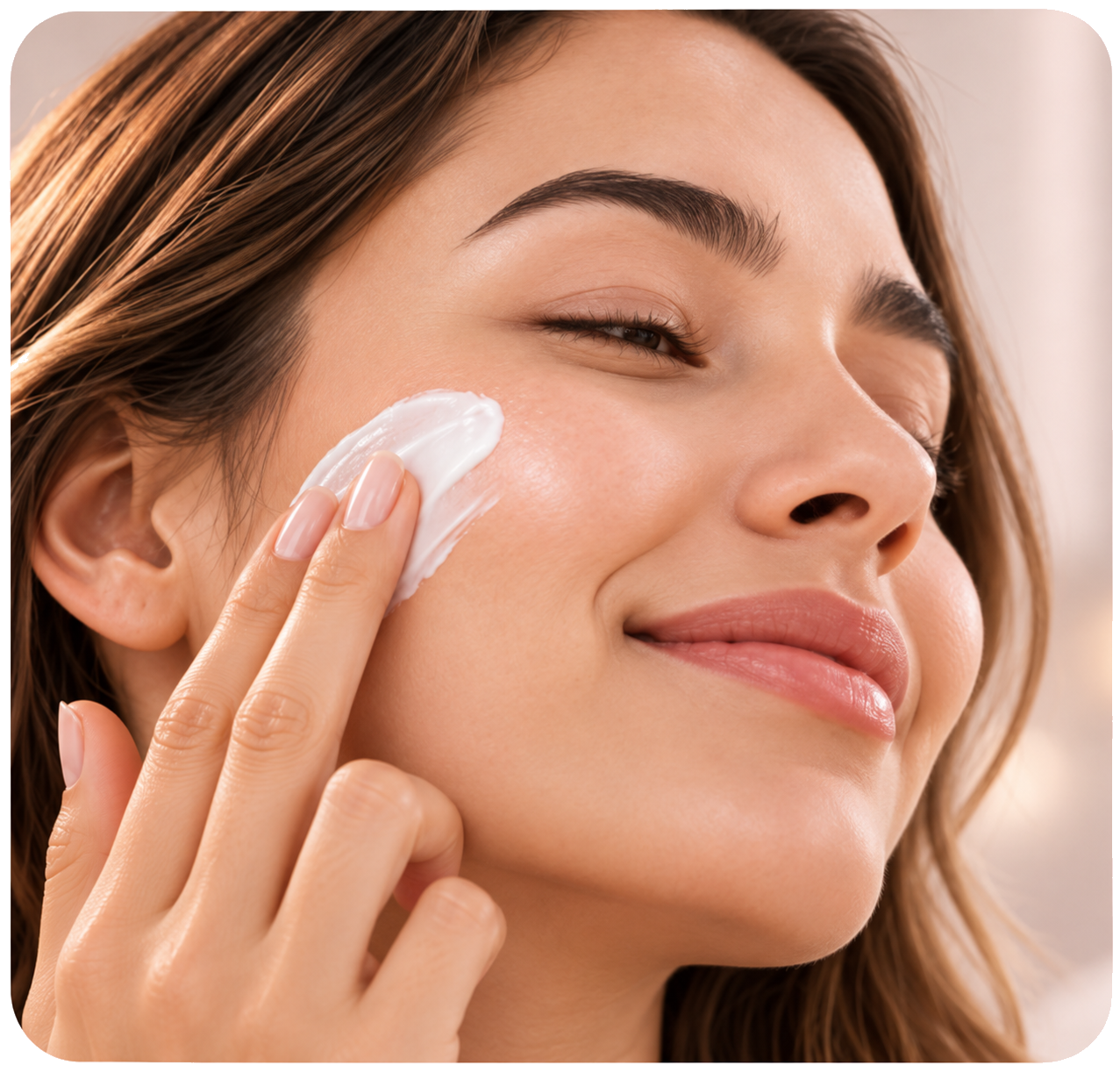 Mujer aplicando crema en el rostro