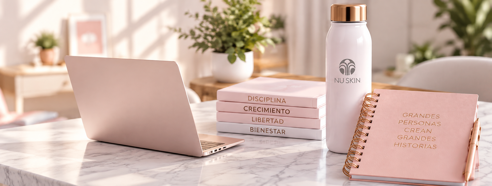 Espacio de trabajo con productos Nu Skin y materiales de crecimiento personal